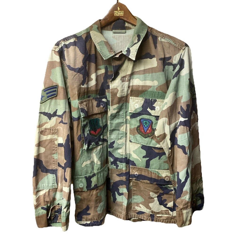 Military Woodland Camo Camouflage Combat Jacket With Patches Size M